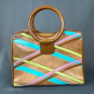 HOBO Heidi Tan Leather Satchel in Multi Stripe Handbag Purse Tote